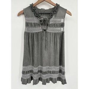 POL Tunic Women Small Gray Sleeveless Tie Ruffle V Neck Lace Flowy Boho